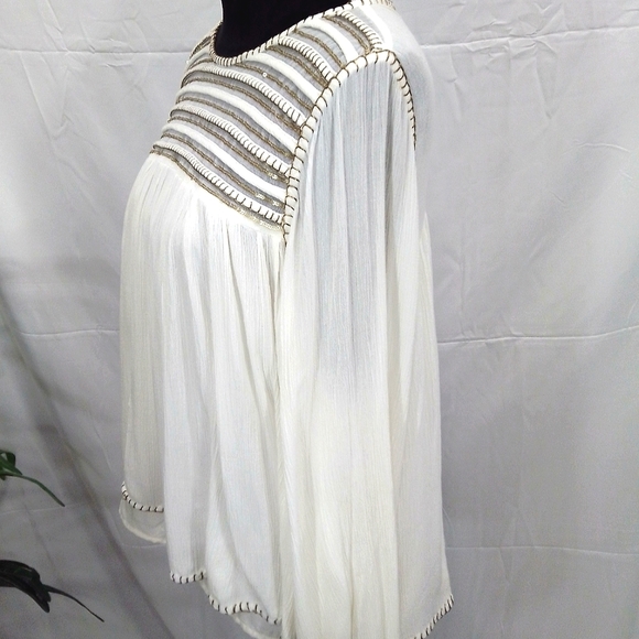 Forever 21 Off White/Gold Long Sleeve Crinkle BoHo Style Top - Picture 6 of 12